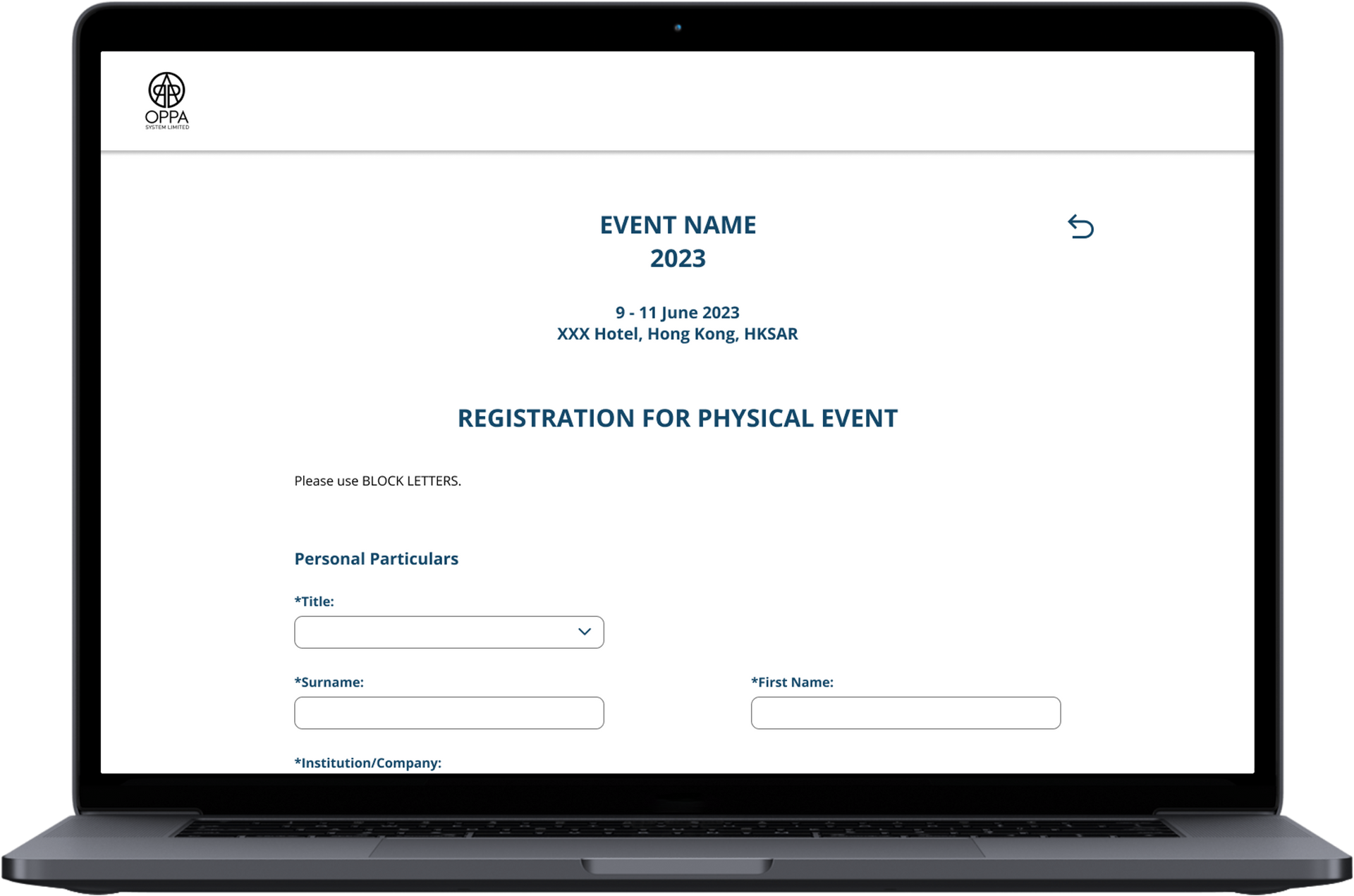 A laptop computer is open to a page that says registration for physical event.