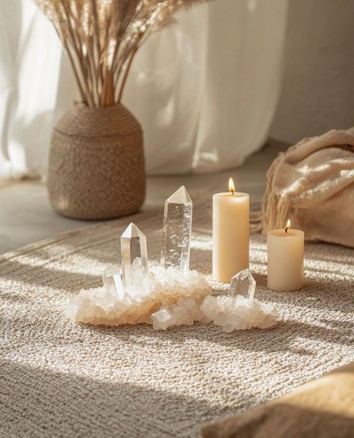 Kristallen, brandende kaarsen en een vaas met gedroogde bloemen op een beige vloerkleed, badend in het zonlicht.