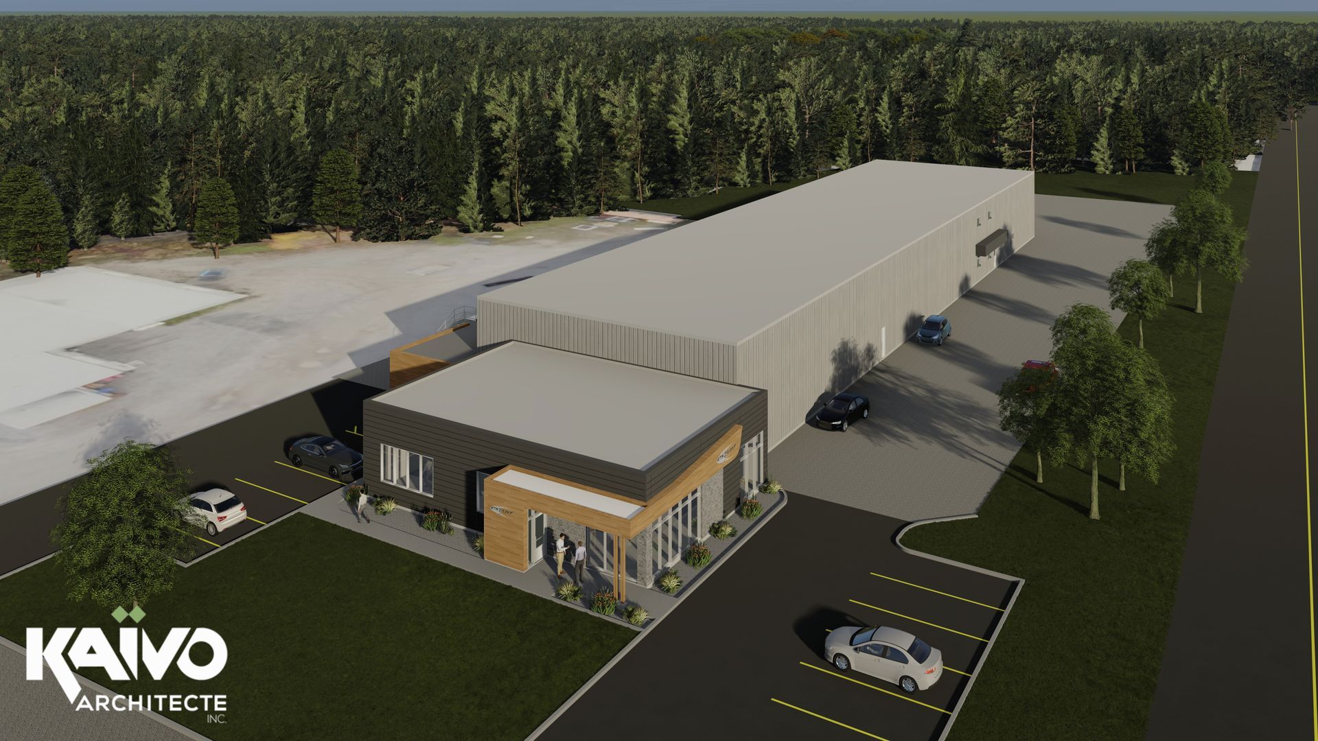 Représentation d'un bâtiment commercial comprenant un long entrepôt et des bureaux modernes.