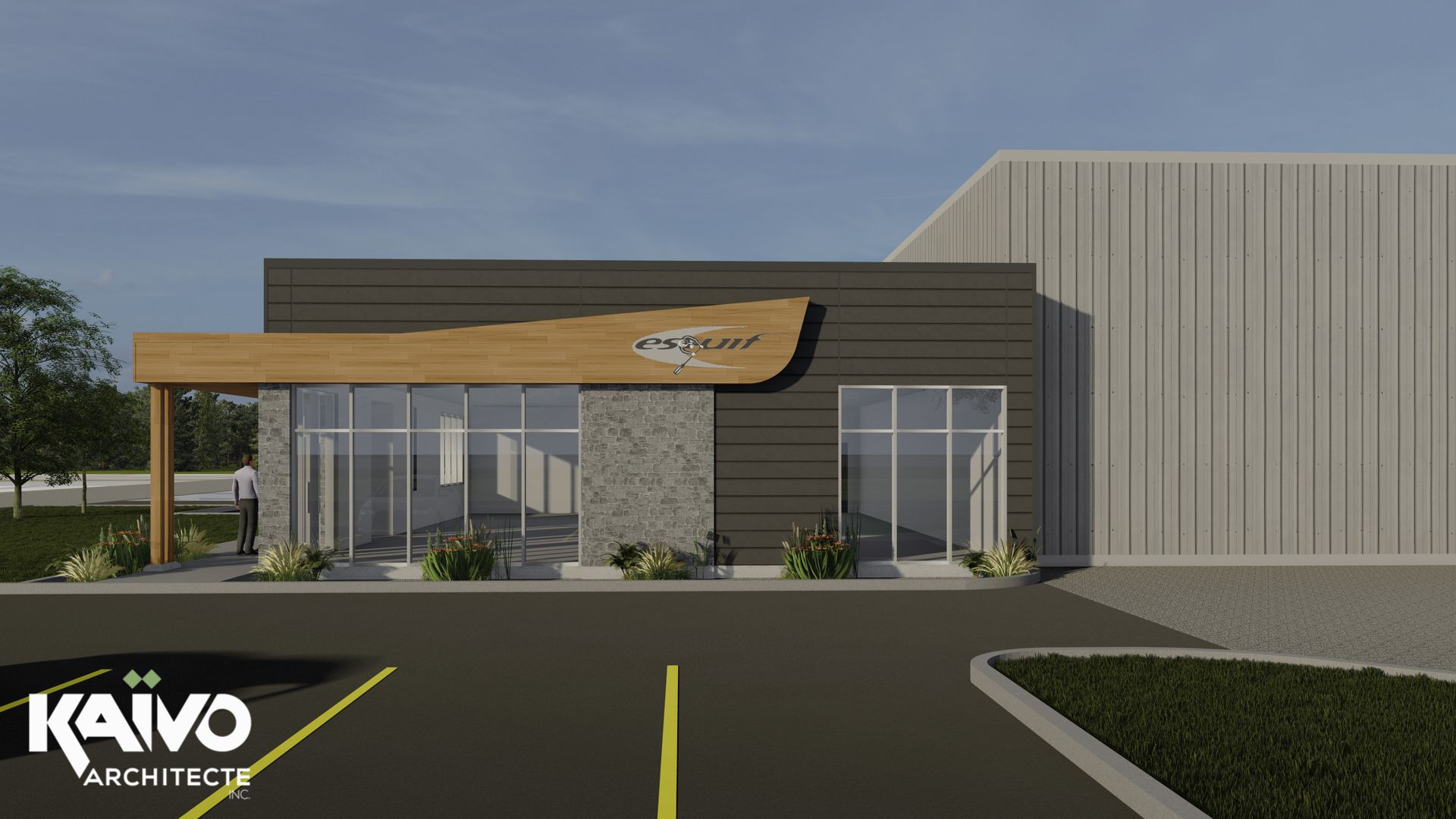 Représentation graphique d'un bâtiment moderne avec une façade gris foncé, des fenêtres en verre et un parking.