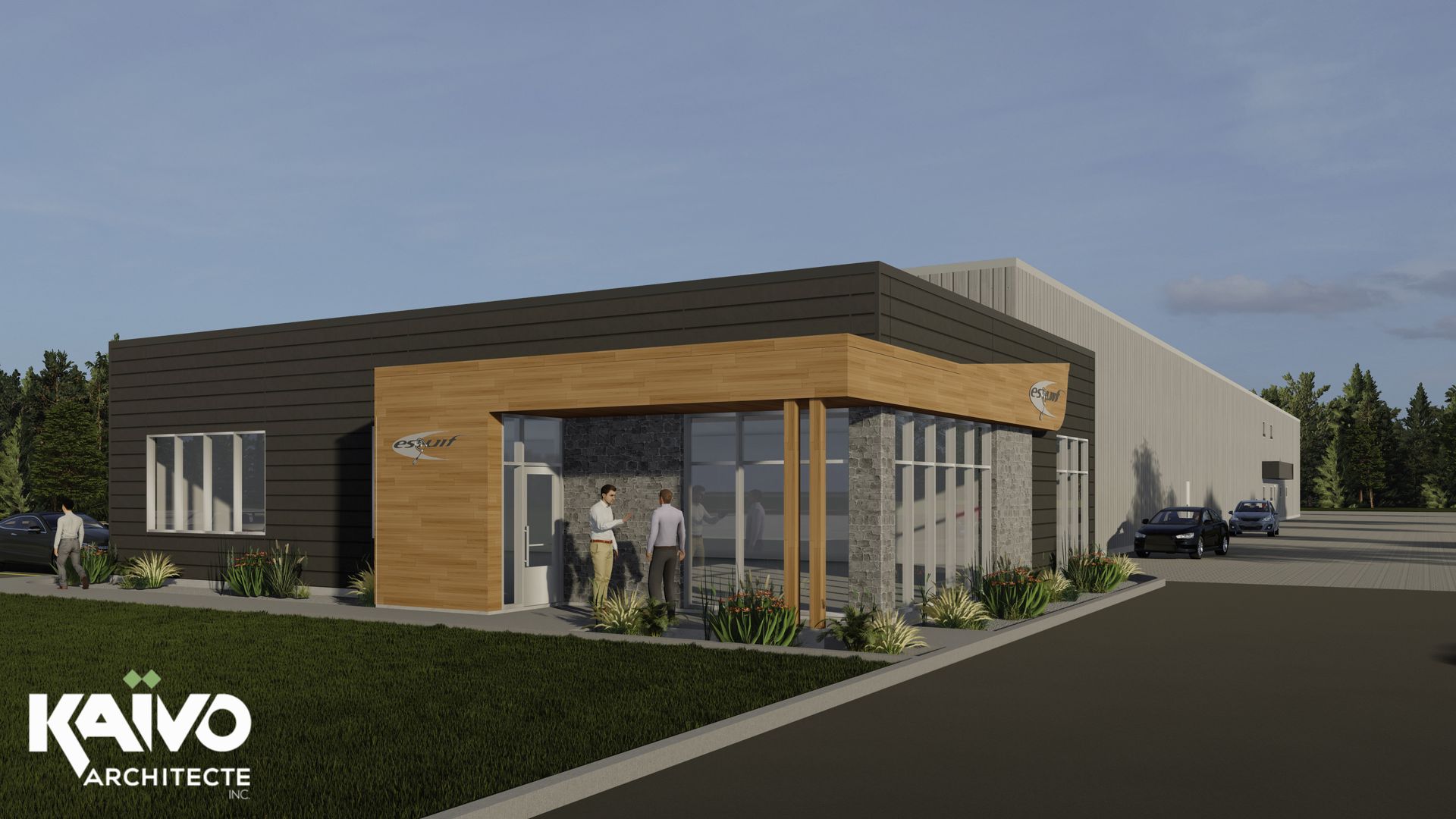 Extérieur d'un bâtiment commercial moderne avec aménagement paysager, voitures et passants.