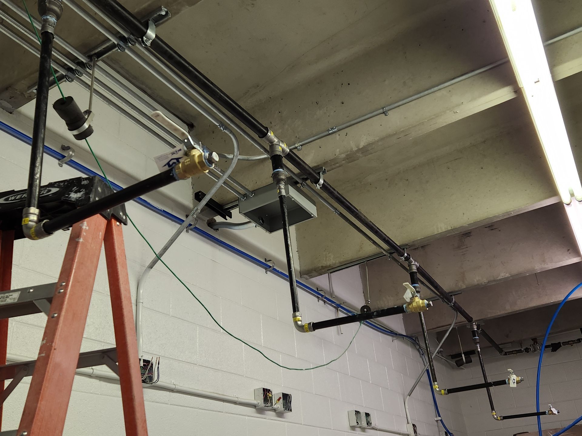 Black pipes and wires along ceiling. Ladder in view. Industrial setting.