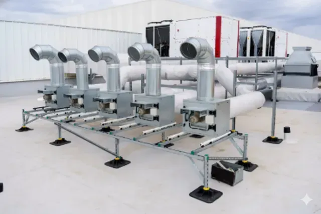 Rooftop HVAC system with silver ductwork and vents on a white surface, supported by a metal framework.