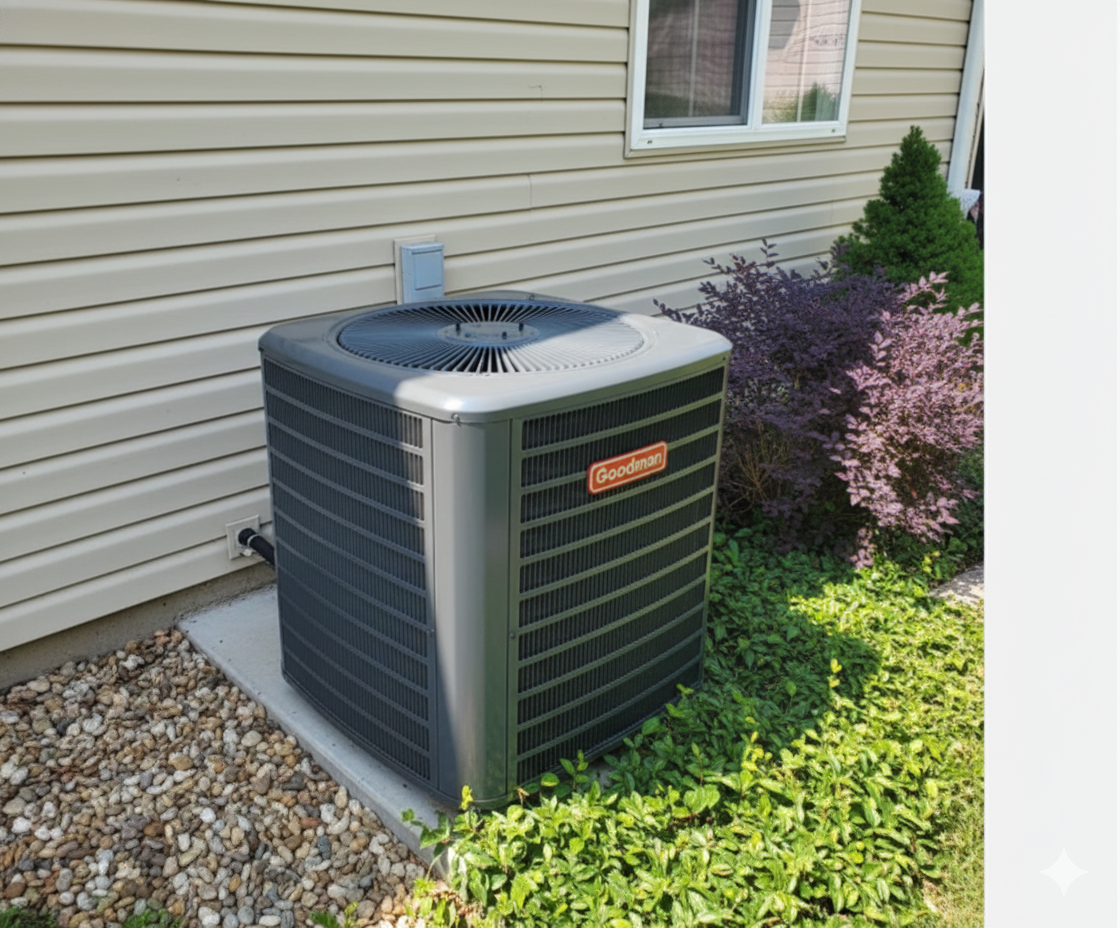 Goodman air conditioner unit outside a beige house with landscaping.