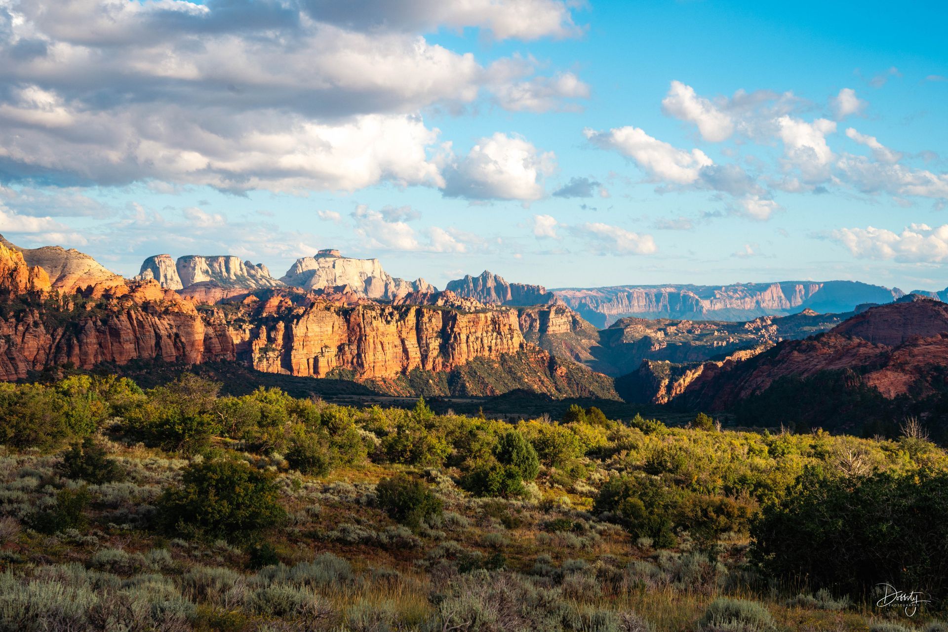 Stunning panoramic view of Zion National Park's cliffs on Kolob Terrace Road Drive