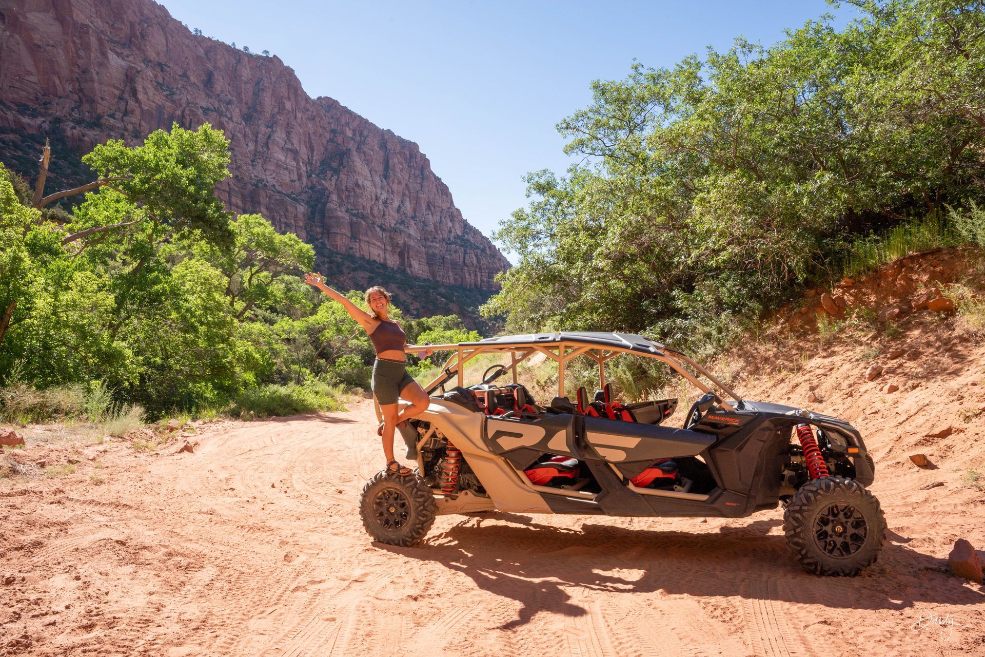 A woman standing on the step of an ATV, raising her arm in excitement, with a scenic mountain backdrop.