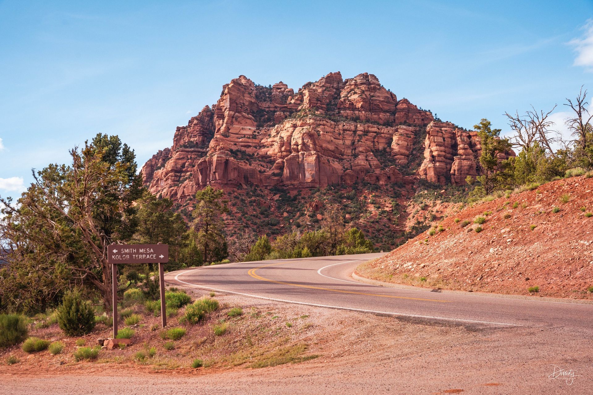 Scenic view of the winding Kolob Terrace Road with red rock formations in the background.