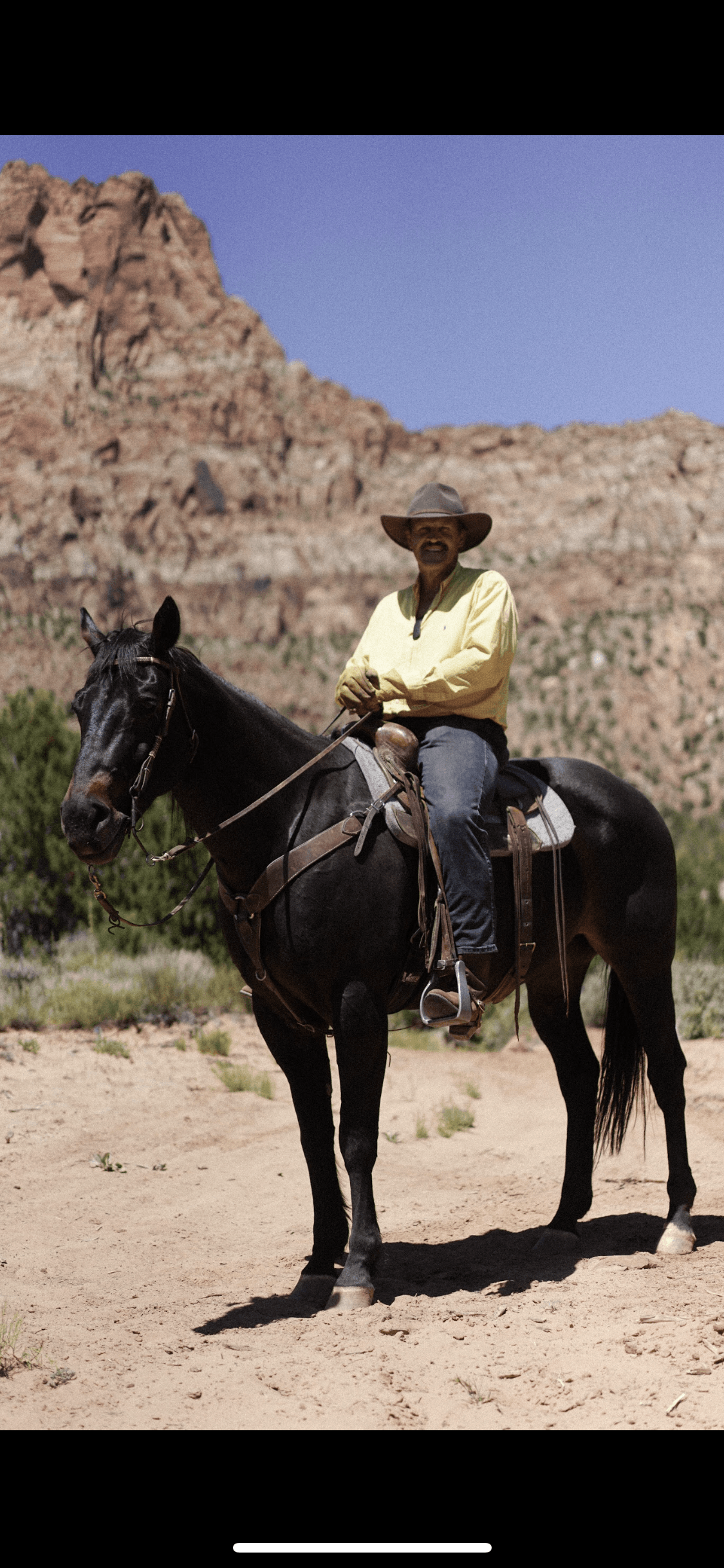 A man in a wide-brimmed hat sits on a horse with a mountainous backdrop.