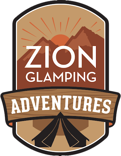 Zion Glamping Adventures logo featuring mountains, a sunrise, and a tent.