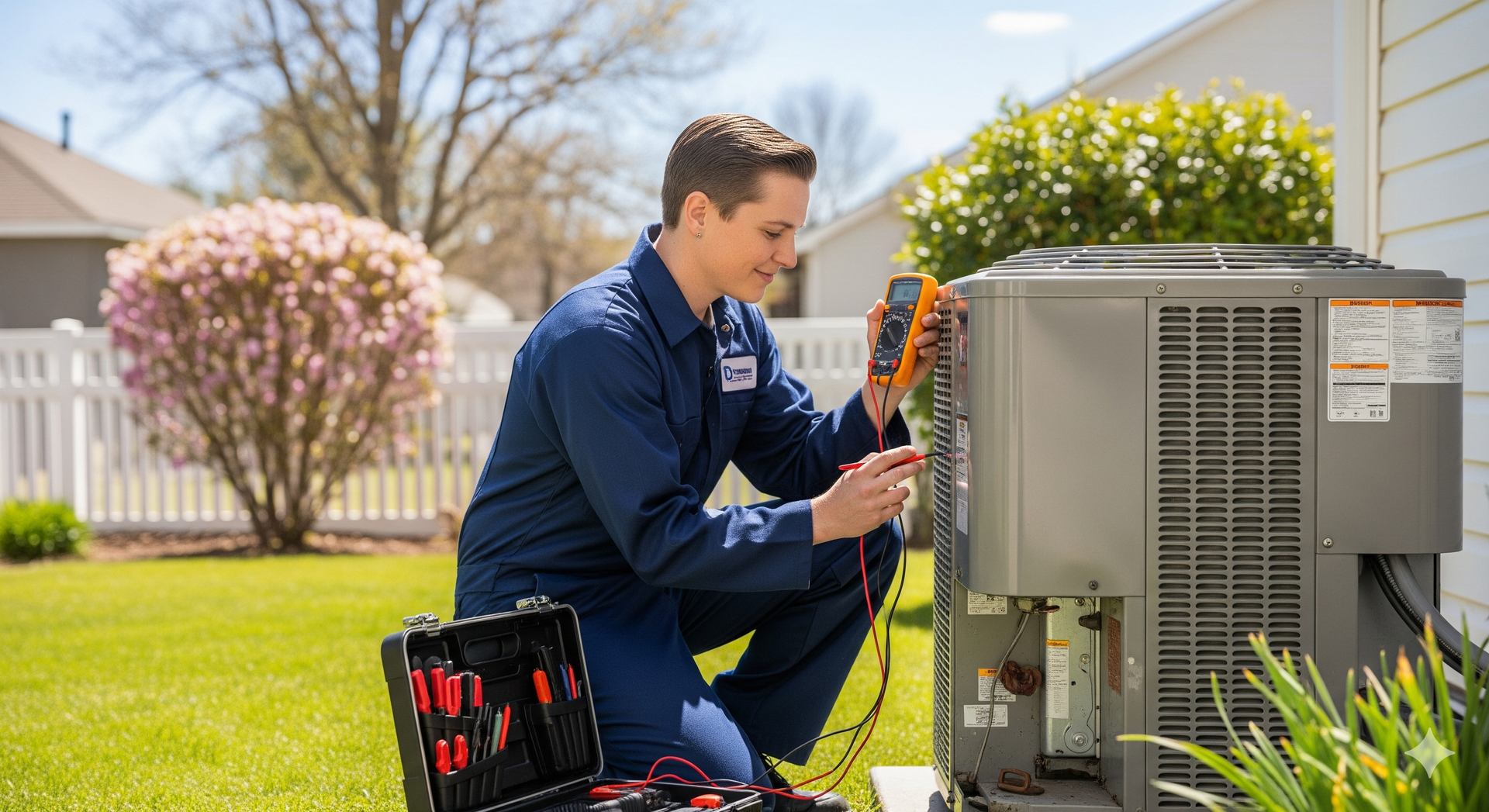 Technician performing HVAC maintenance checks on home unit to ensure efficiency & system reliability