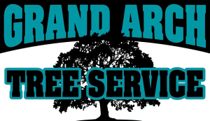 Grand Arch Tree Service logo: tree silhouette inside teal and white arch, text 