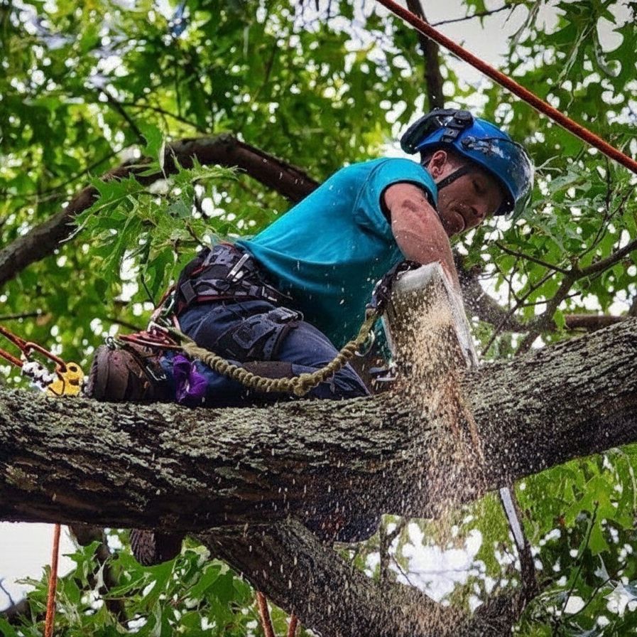Arborist cuts tree branch with chainsaw. Wearing helmet, safety gear, is perched on a thick branch amidst green foliage.