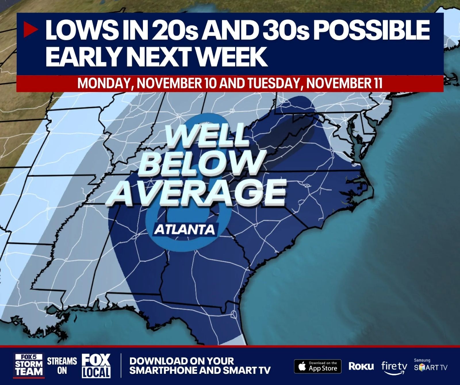 Weather map showing below-average temperatures across the southeastern US, with lows in the 20s and 30s possible.