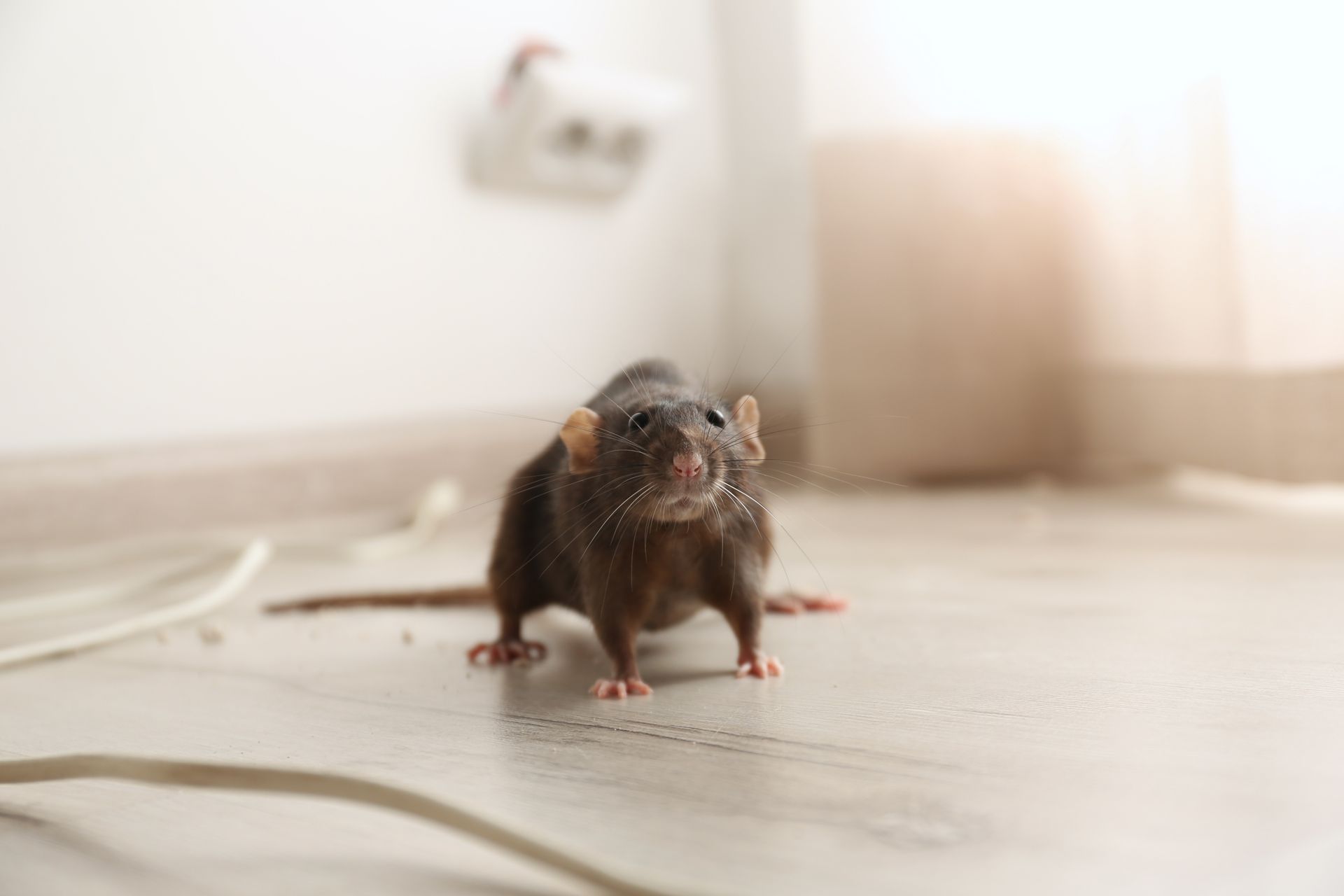 A dark brown rat stands on a light-colored wooden floor in a room, near white electrical cords and a wall outlet.