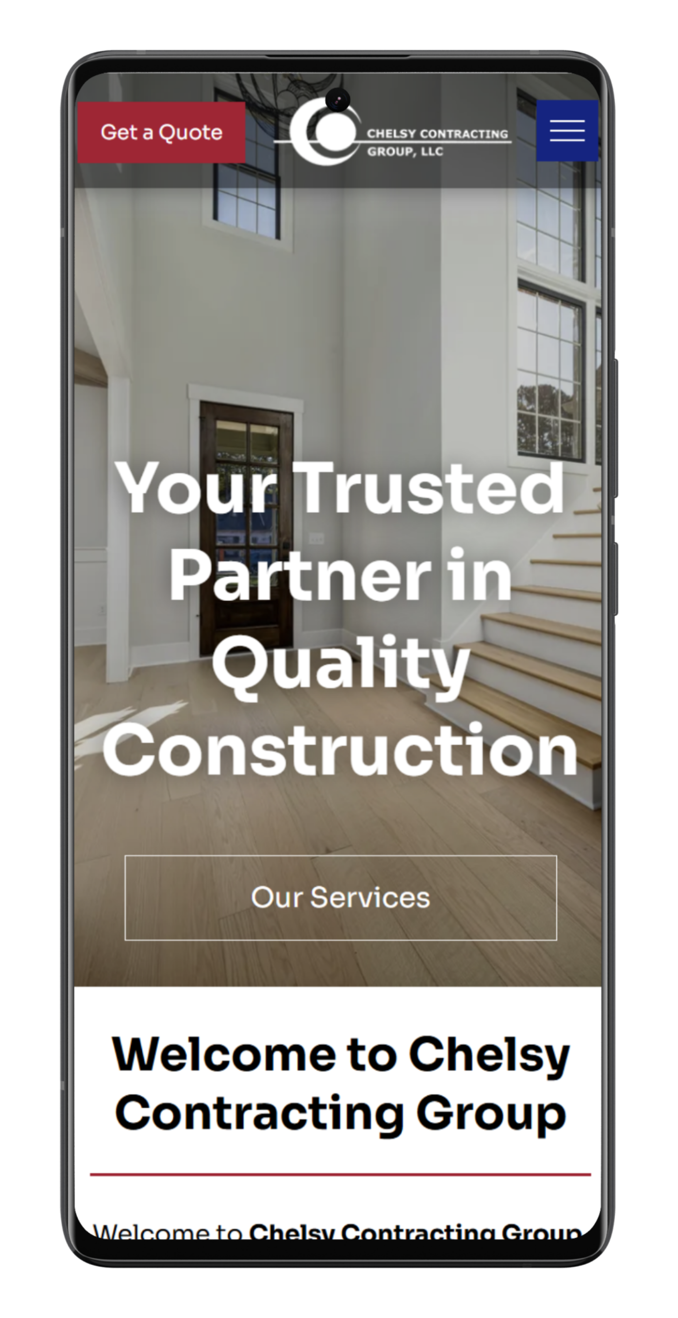 Mobile website for Chelsy Contracting Group; homepage with interior construction photo.
