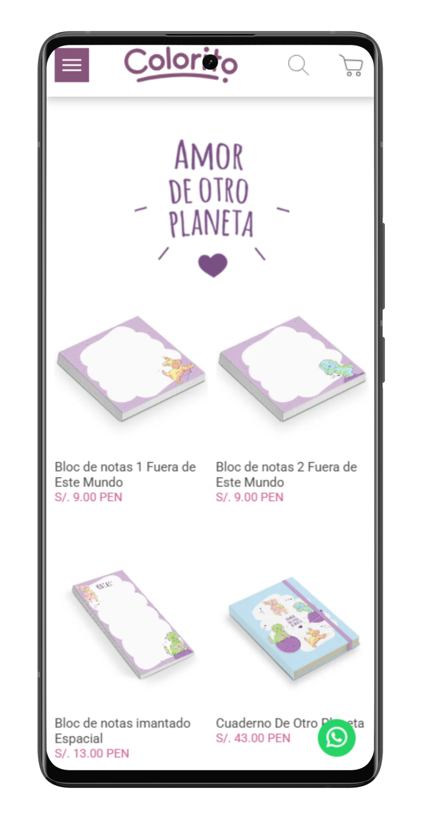 Smartphone displaying a website with notepads featuring a space-themed design.