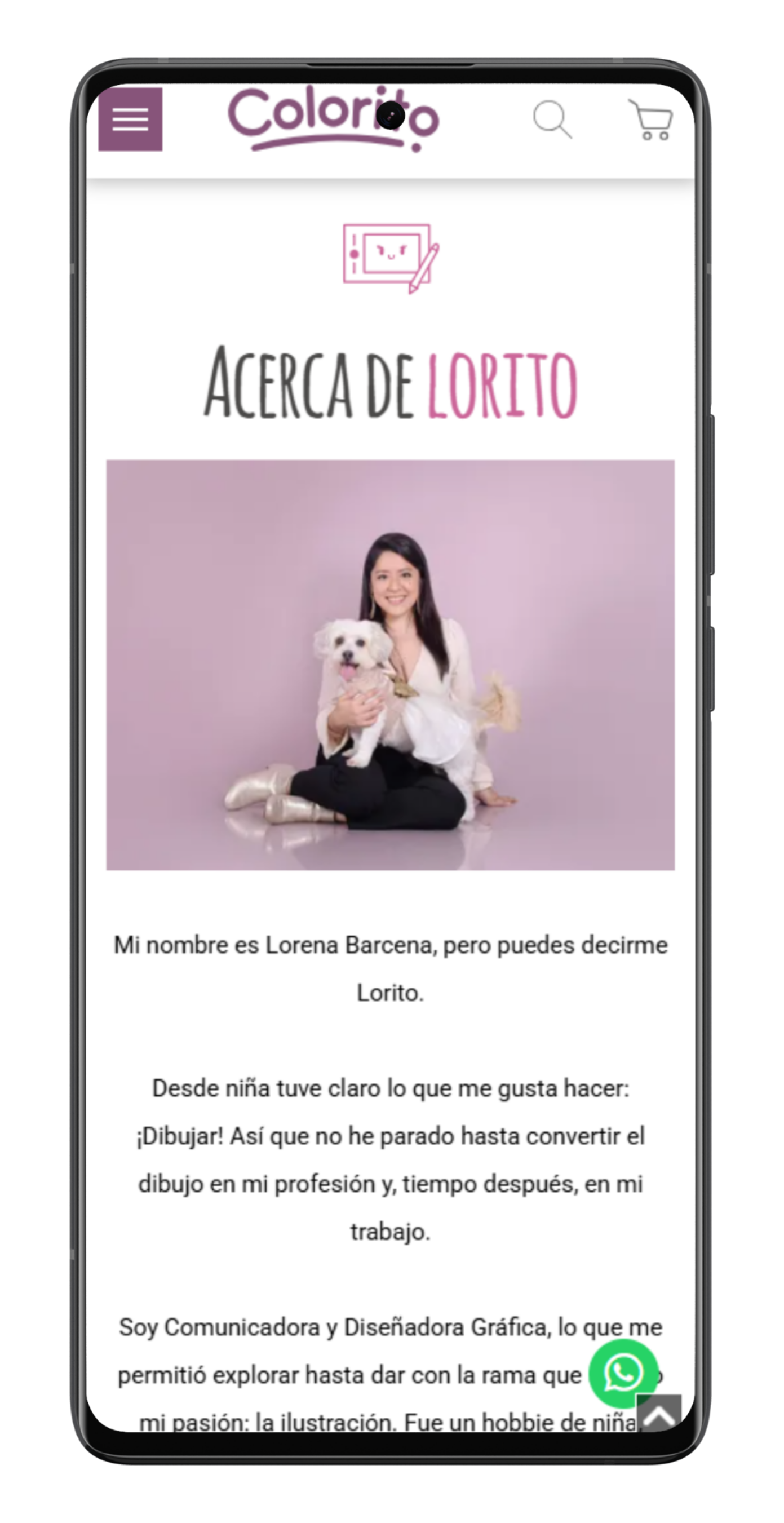 Lorena holding a dog on website, 