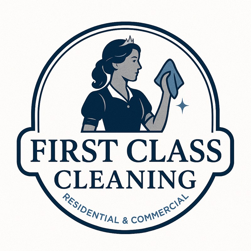 Logo for First Class Cleaning featuring a person wearing a crown while wiping a surface, in dark blue and grey tones.
