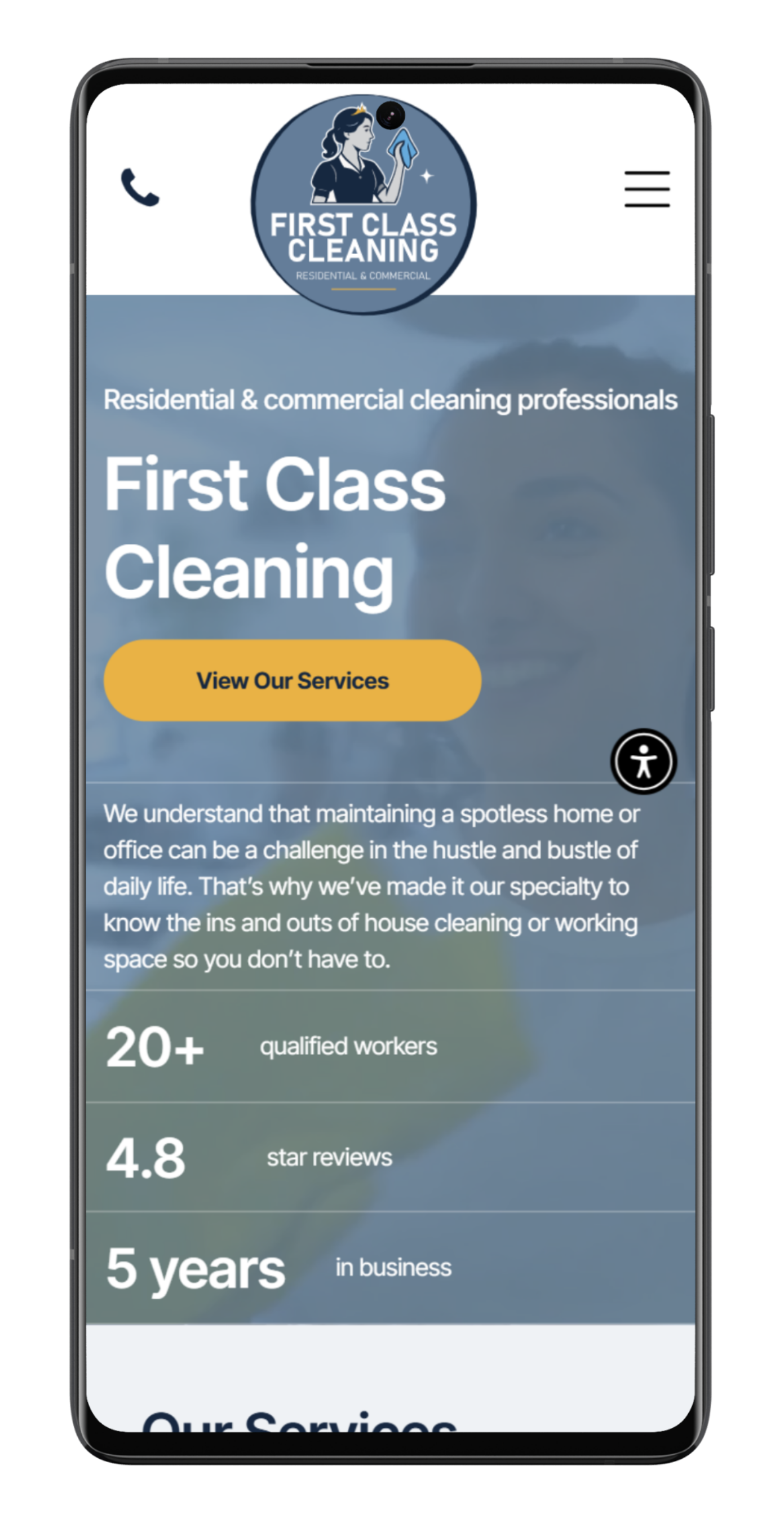 Mobile phone screen showing the First Class Cleaning website homepage, highlighting services, ratings, and experience.