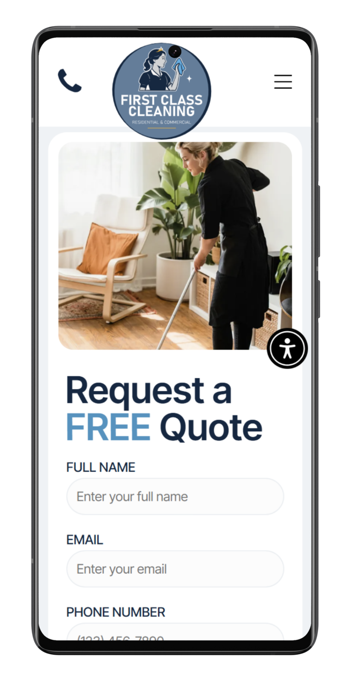 Mobile view of a cleaning company website with a contact form below an image of a person cleaning a room.