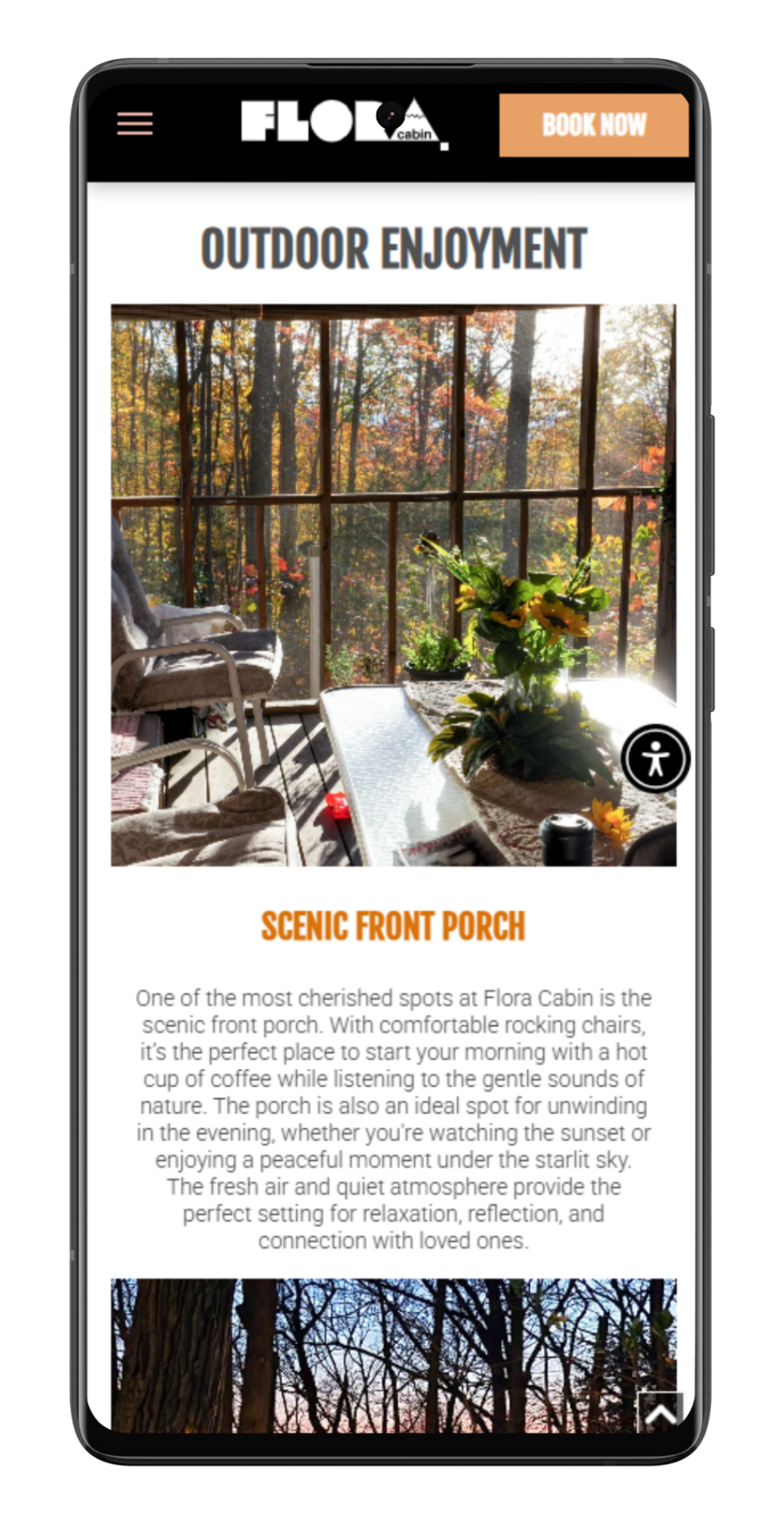 Mobile view of a webpage with text and a photo of a front porch overlooking trees.