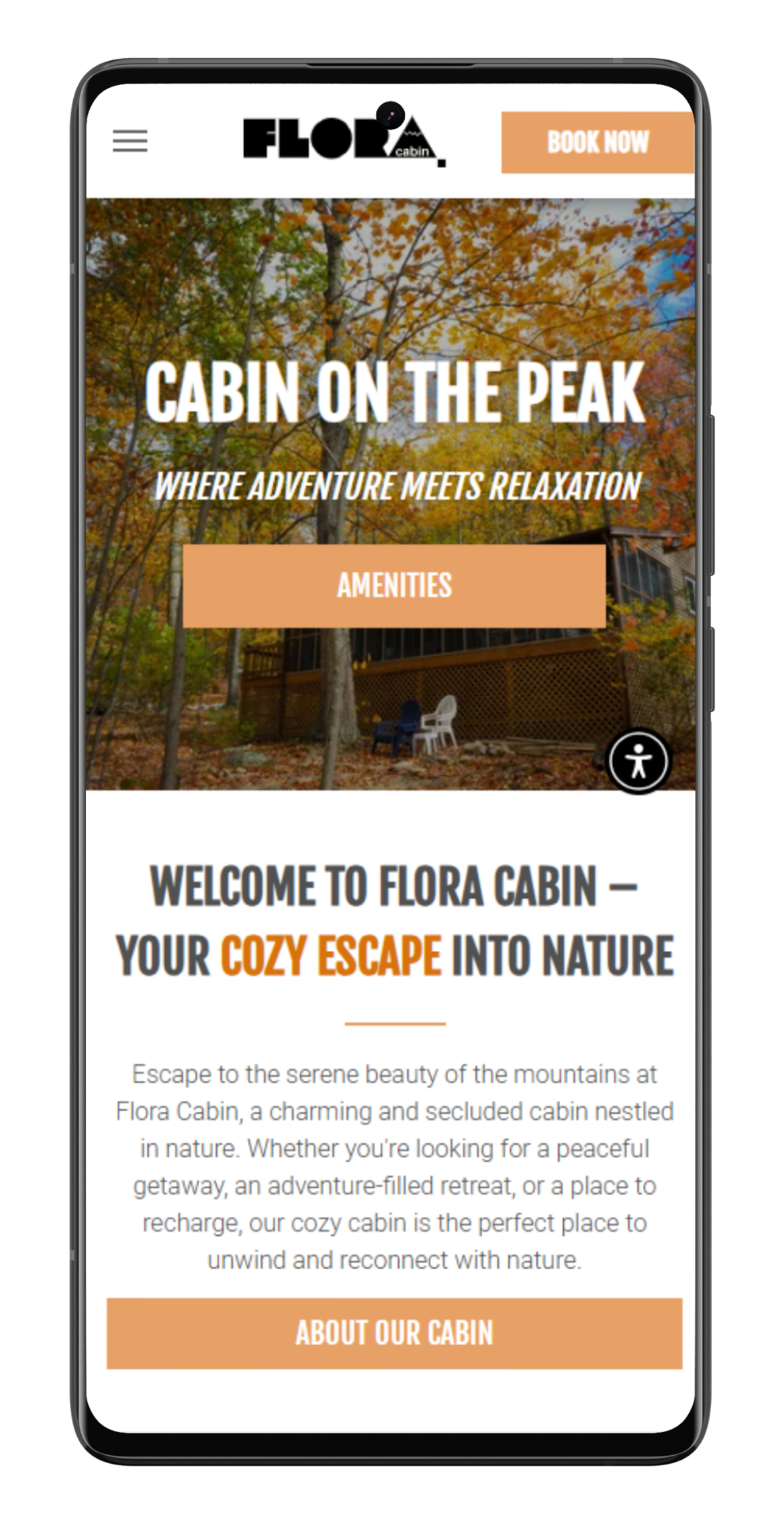 Mobile screen: Flora Cabin website, featuring 