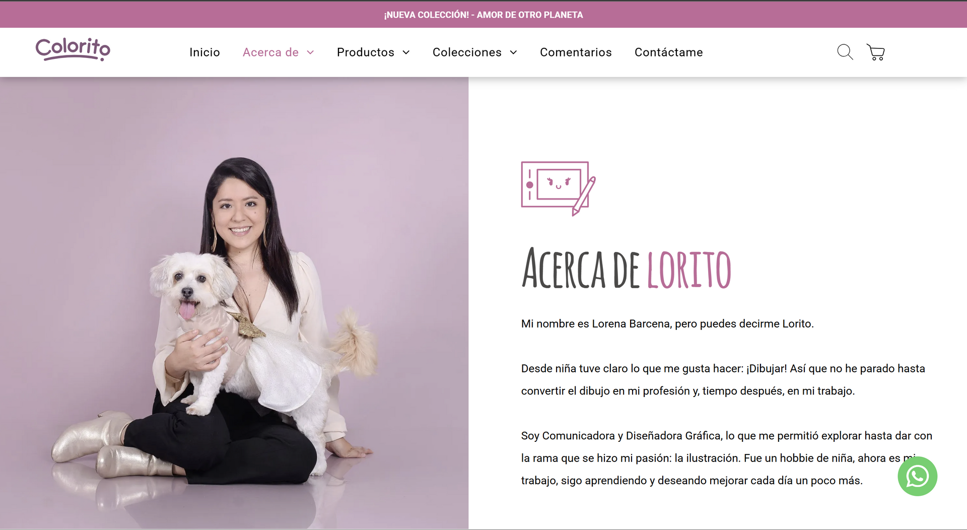 Woman with small dog sitting in front of a pink backdrop, website interface with text 