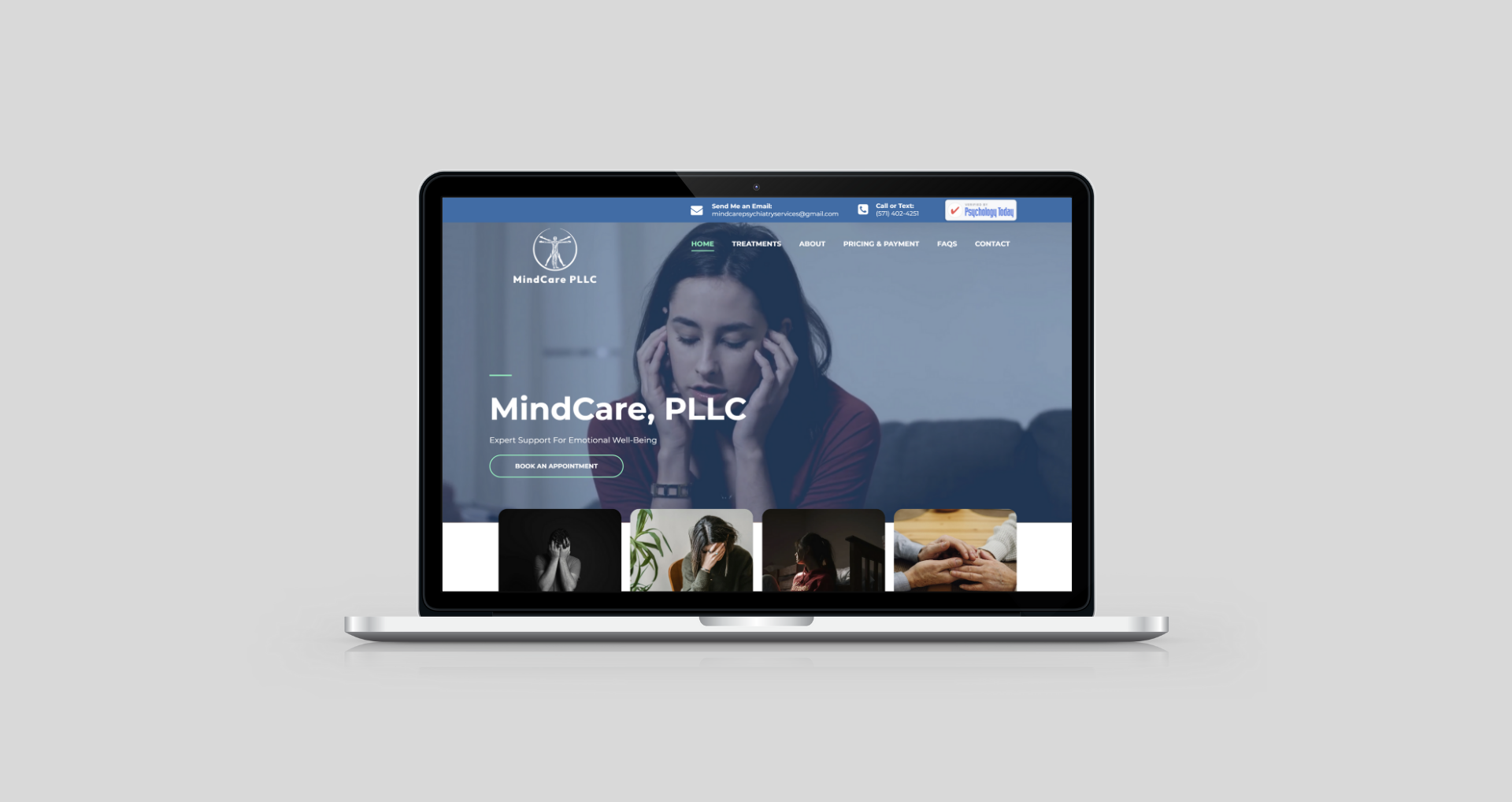 Laptop displaying the MindCare, PLLC website; image of woman holding her head.