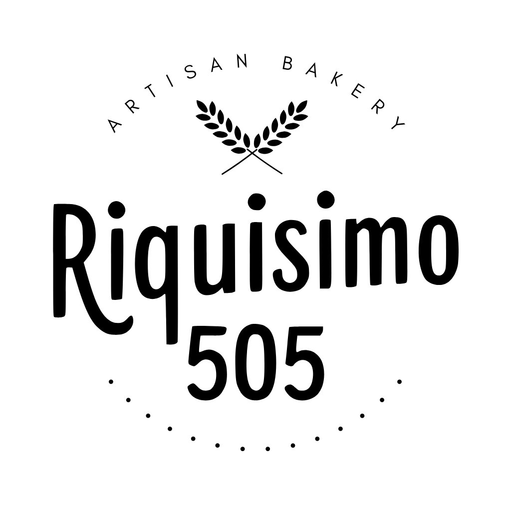 Logo for Riquisimo 505 Artisan Bakery. Text over an illustration of wheat stalks.