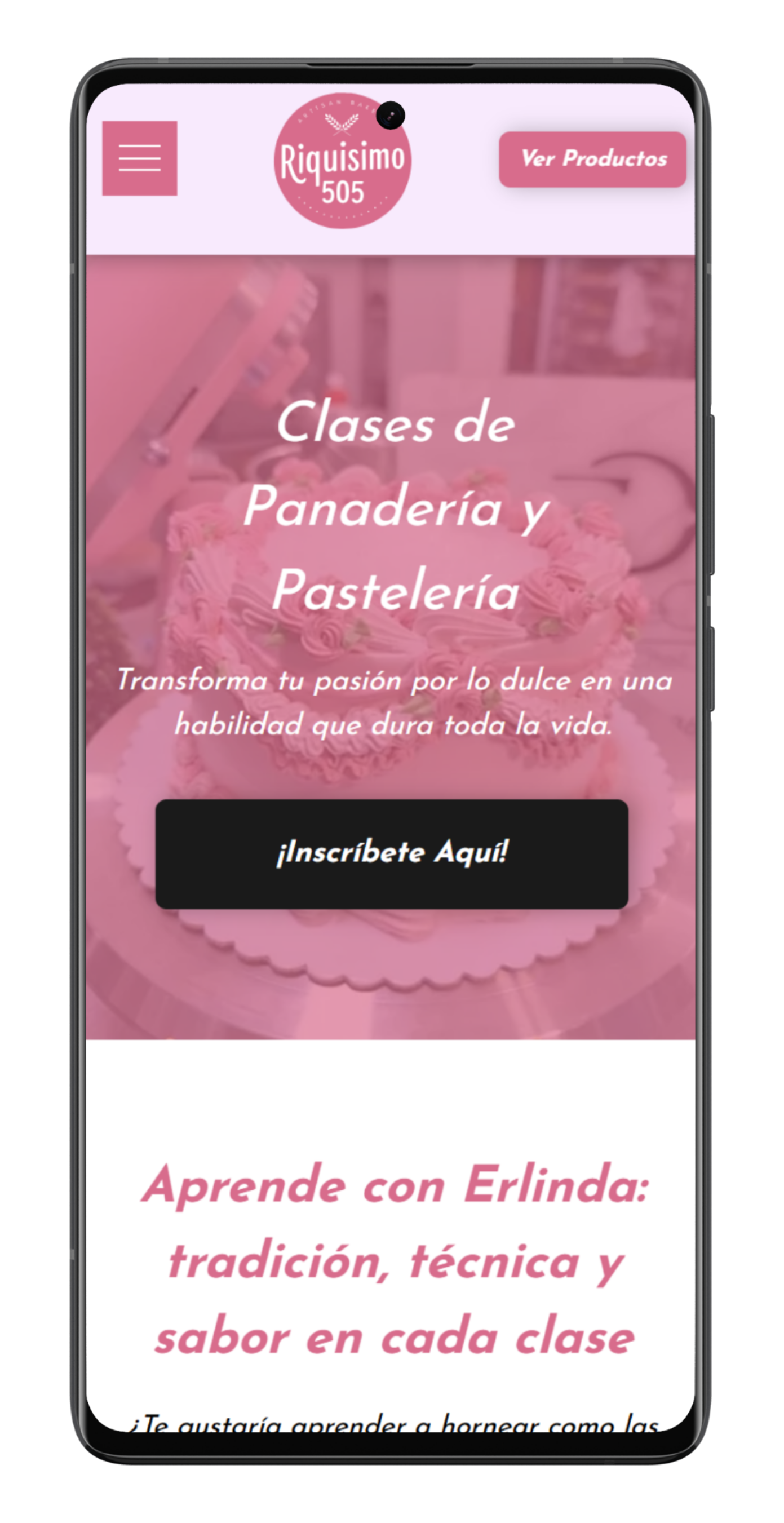 Mobile screen promoting bakery classes, pink theme, text 