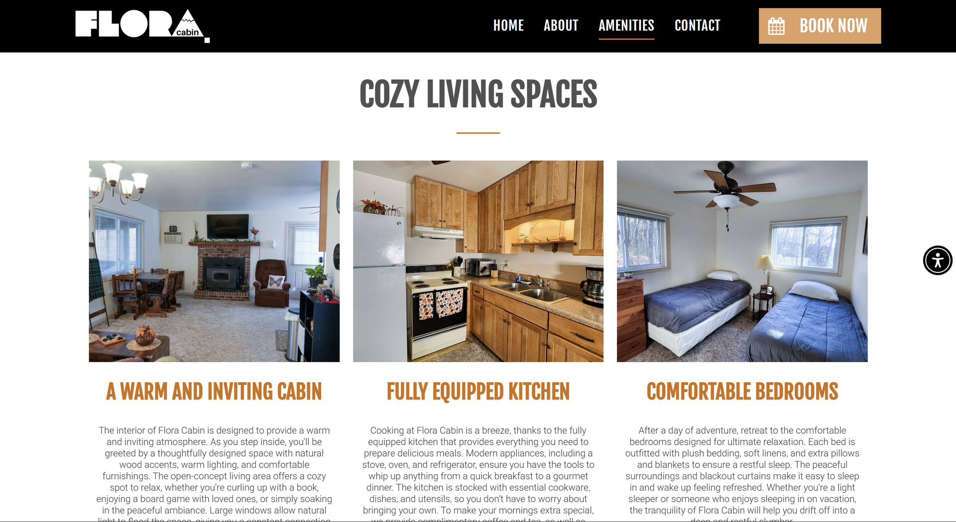 Website promoting cozy living spaces. Images of a living room, kitchen, and bedroom.