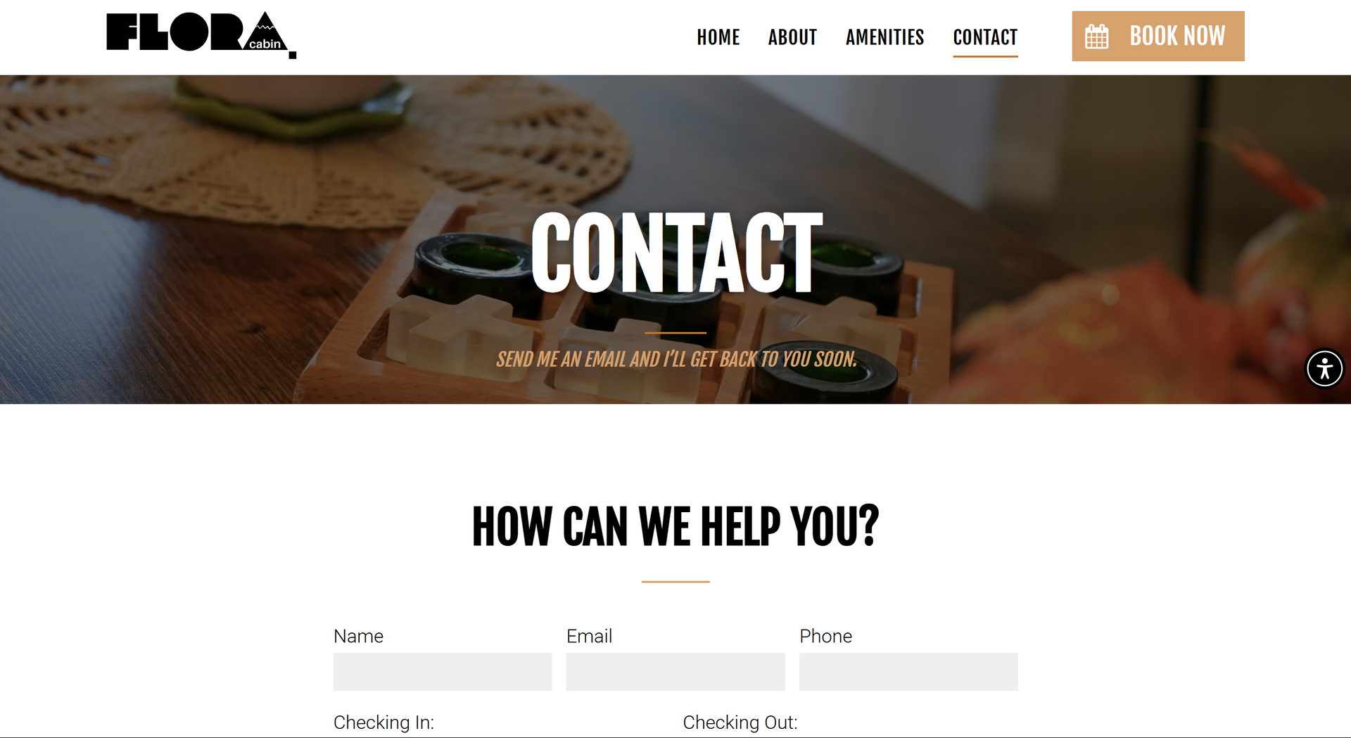Flora contact page with contact form, wood background, and navigation menu.