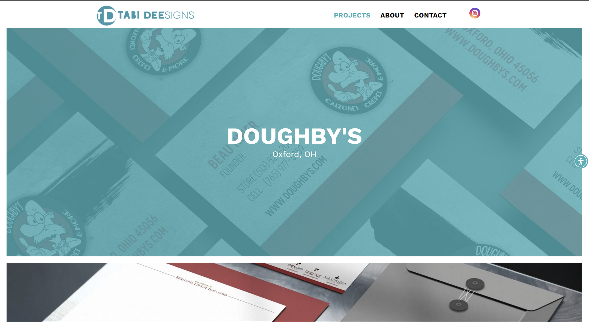Doughby's website homepage with a teal background and logo. The featured text reads 