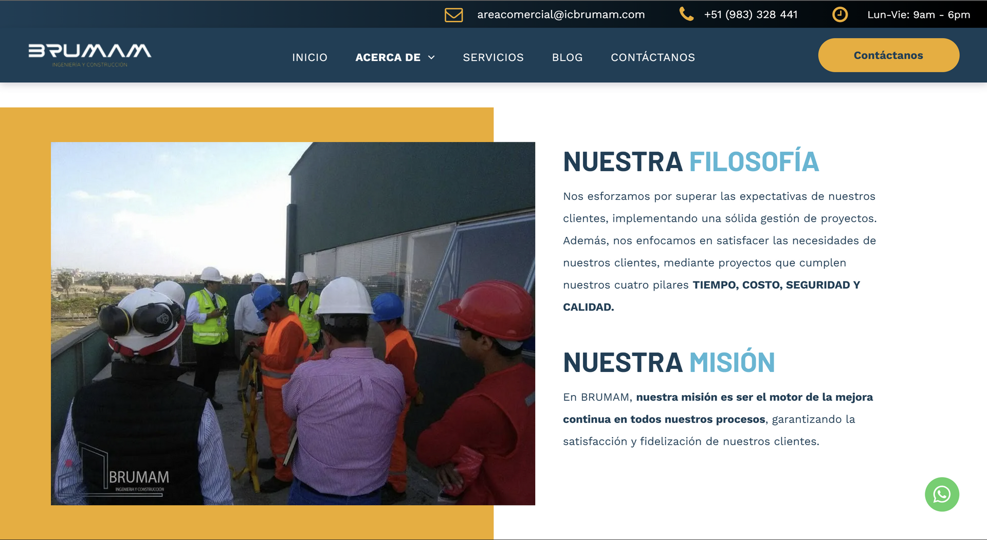 Construction workers in helmets on a site, text about company philosophy and mission.