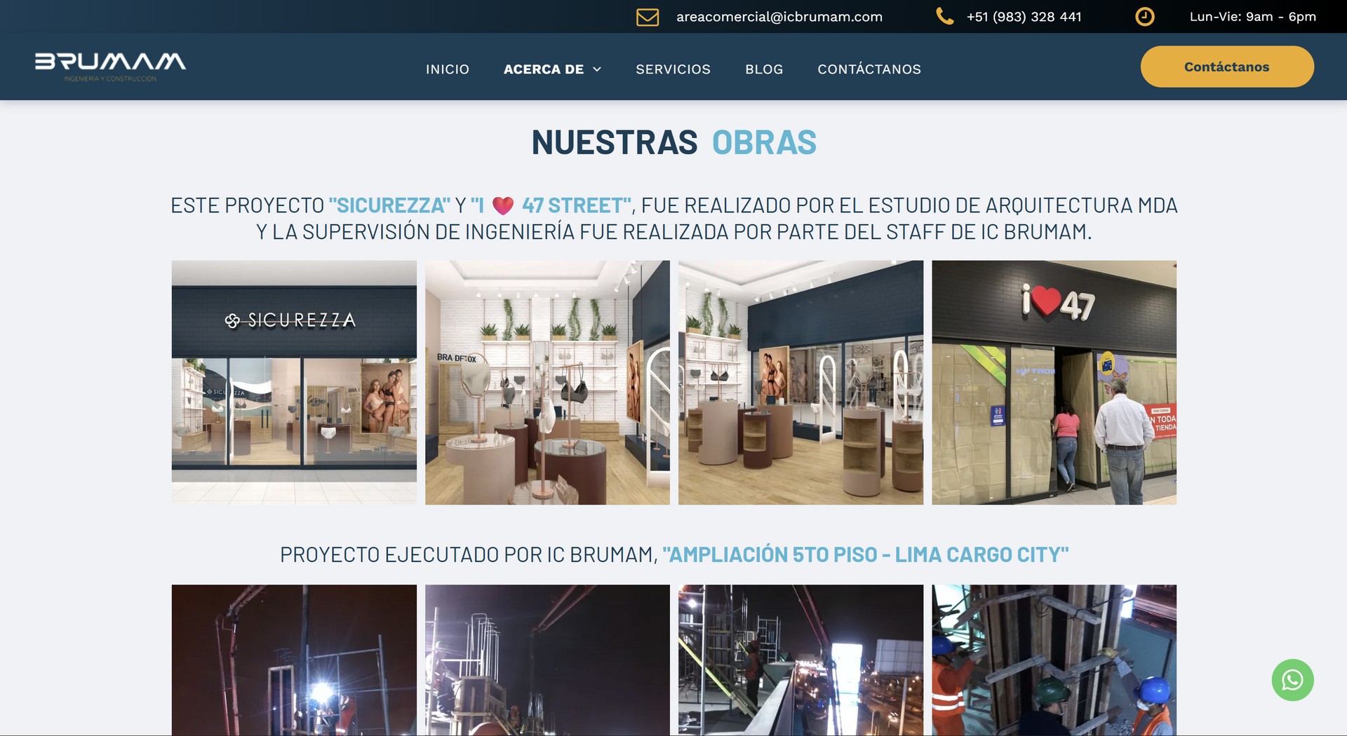 Website showcasing architectural works with images of shops and construction sites.