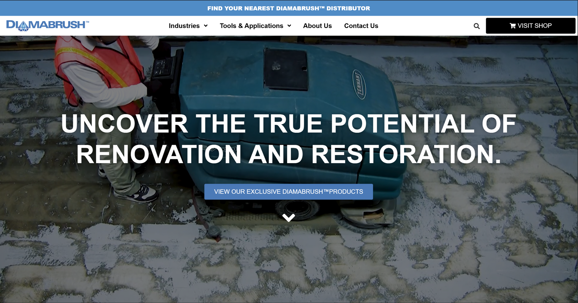 Man operating floor cleaning machine on a concrete surface, text 