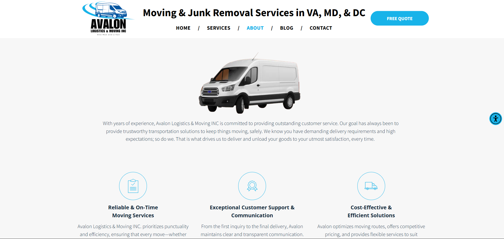Website homepage for a moving and junk removal service with a white van.