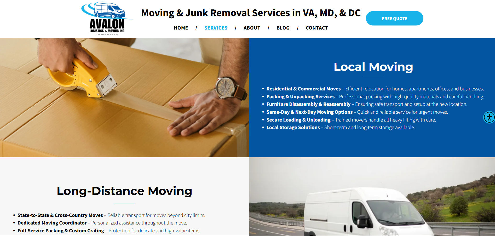 Website promoting moving services with text 