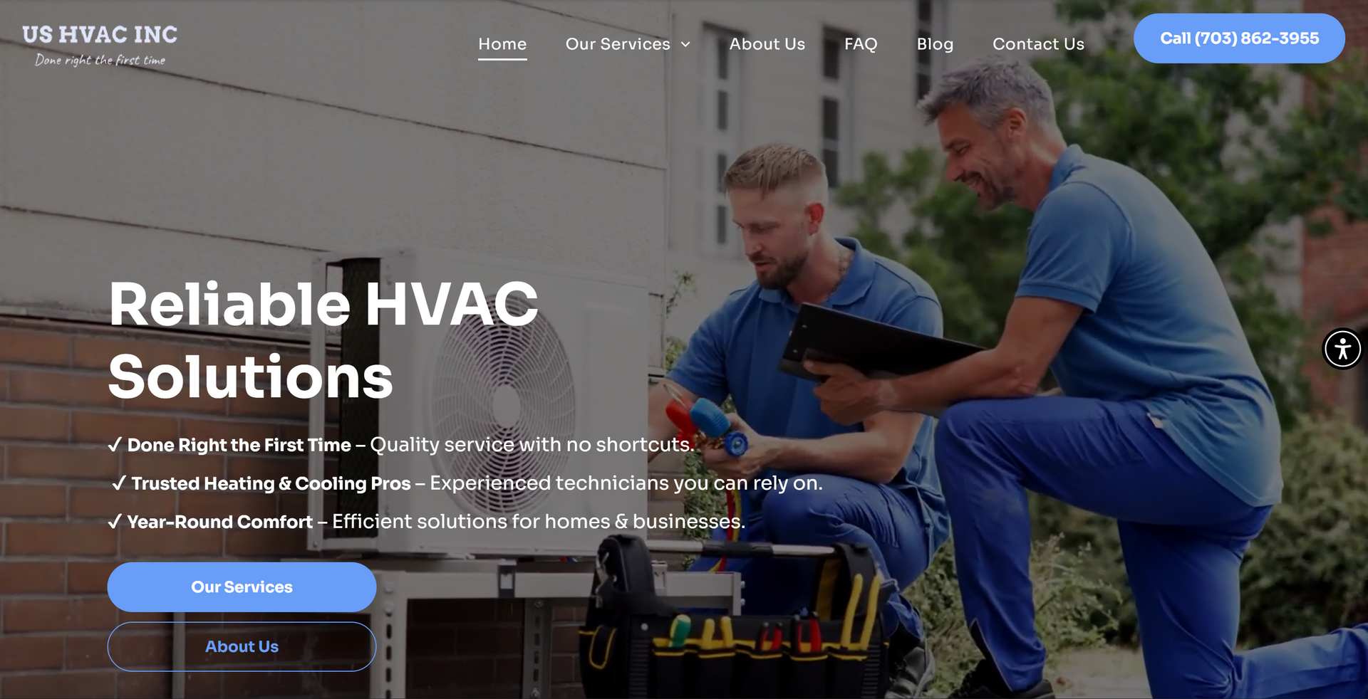 Two HVAC technicians inspecting equipment outside a building.