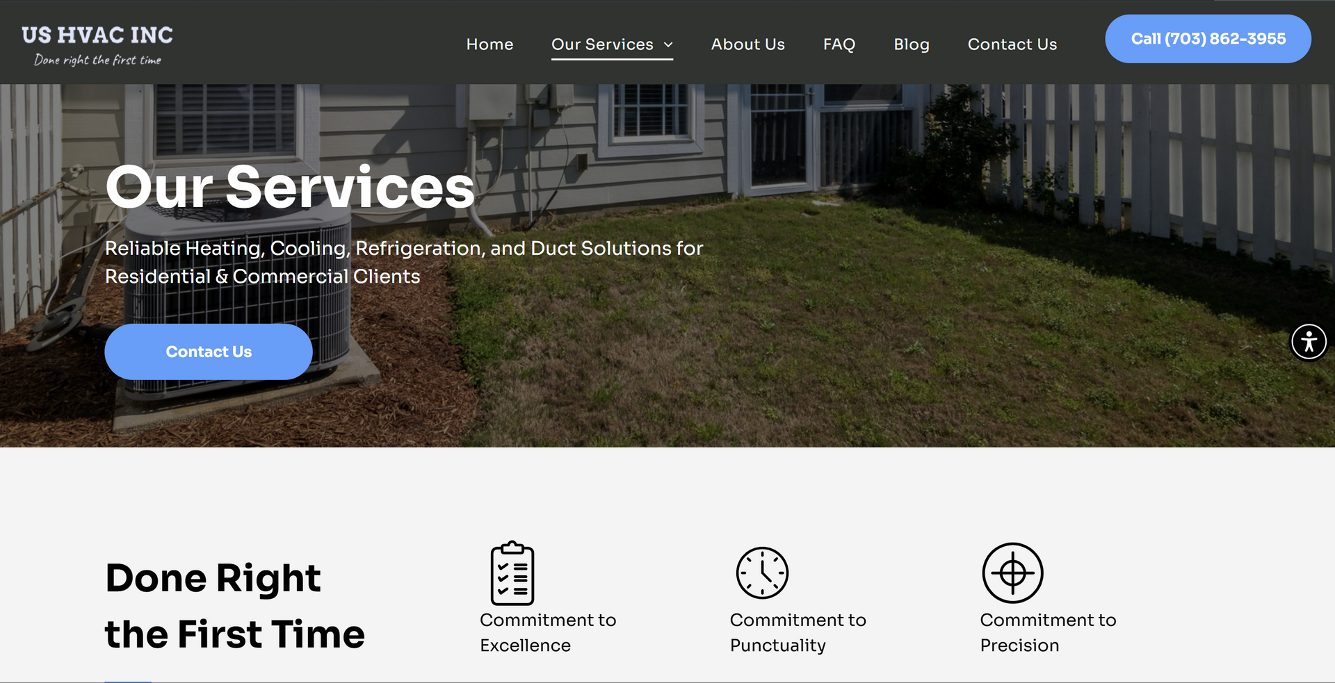 UB HVAC Inc. website homepage with services overview and contact information.