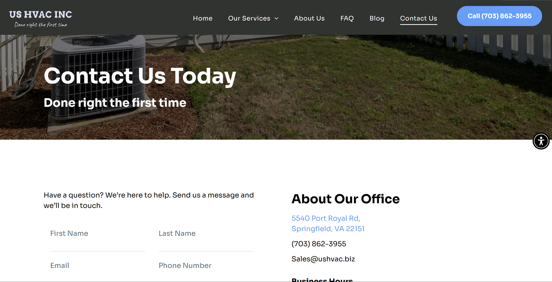 Website header with contact information and a photo of an AC unit.