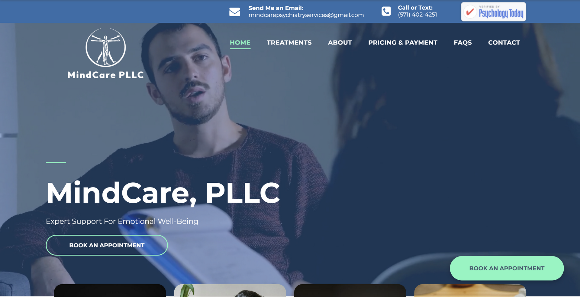Website homepage for MindCare, PLLC: Man consulting with client. Teal and white color scheme.
