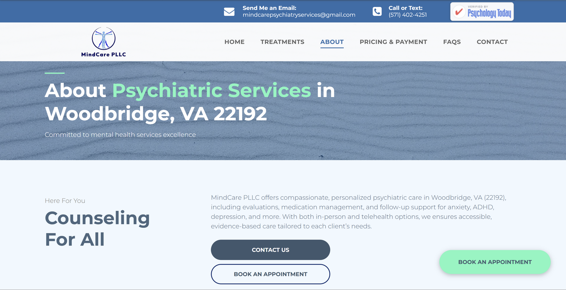 Website about psychiatric services in Woodbridge, VA with navigation menu and call to action buttons.