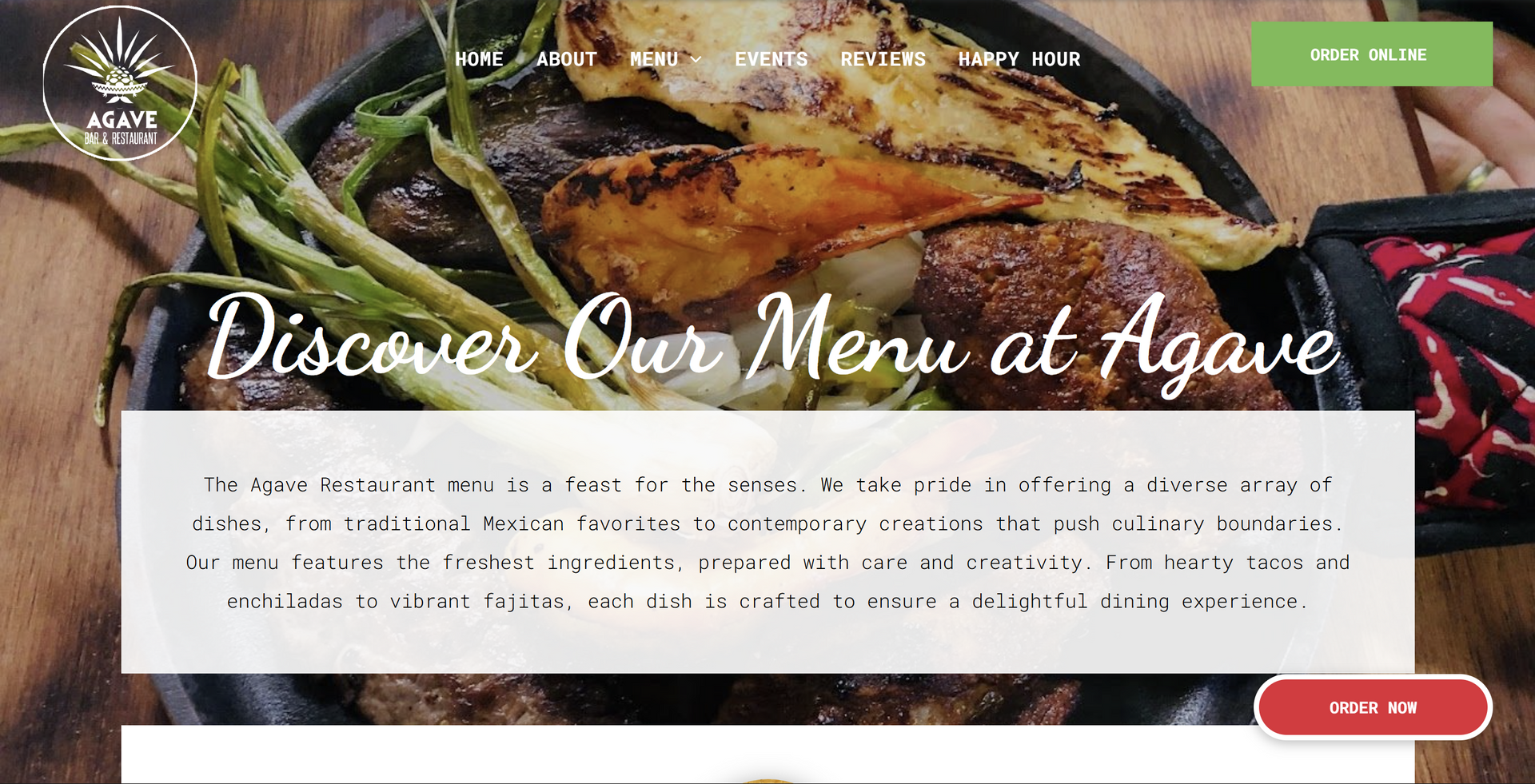 Sizzling skillet of food with vegetables, Agave restaurant, 