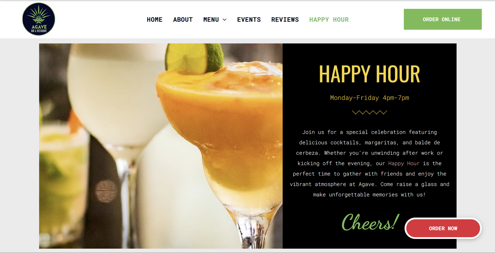 Happy hour promotion: cocktails with lime, text on black background, 