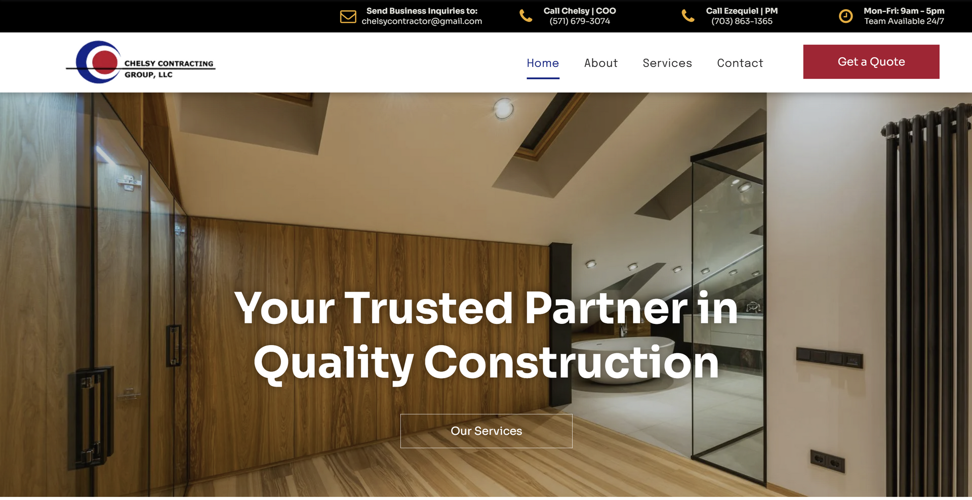 Website homepage with interior design, construction company logo, and tagline 