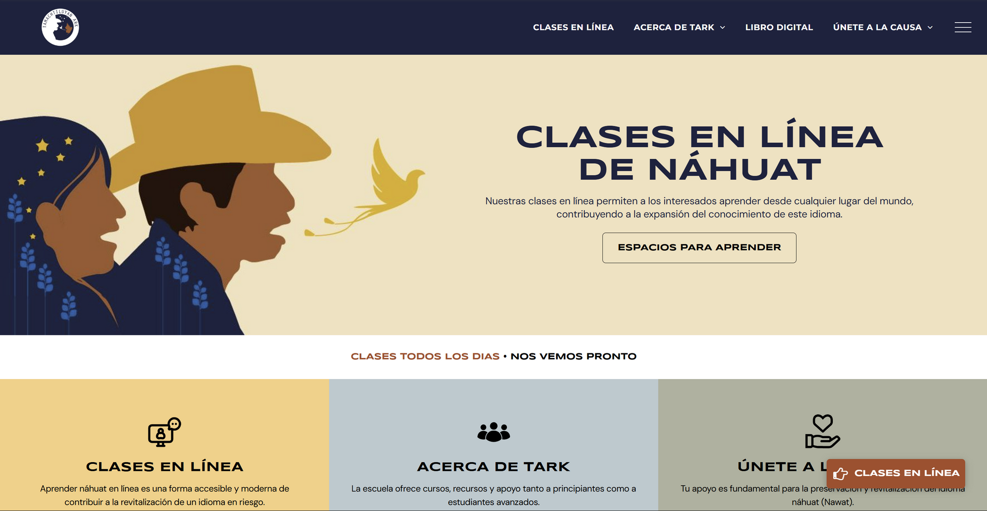 Website promoting online Náhuat classes with illustrations of speakers and a bird.