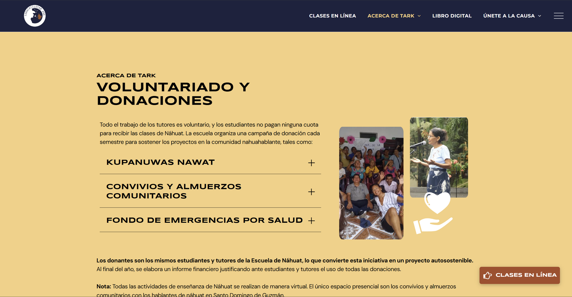 Webpage with volunteer and donation options: Elipawas, Comida, and Health Emergency Fund.