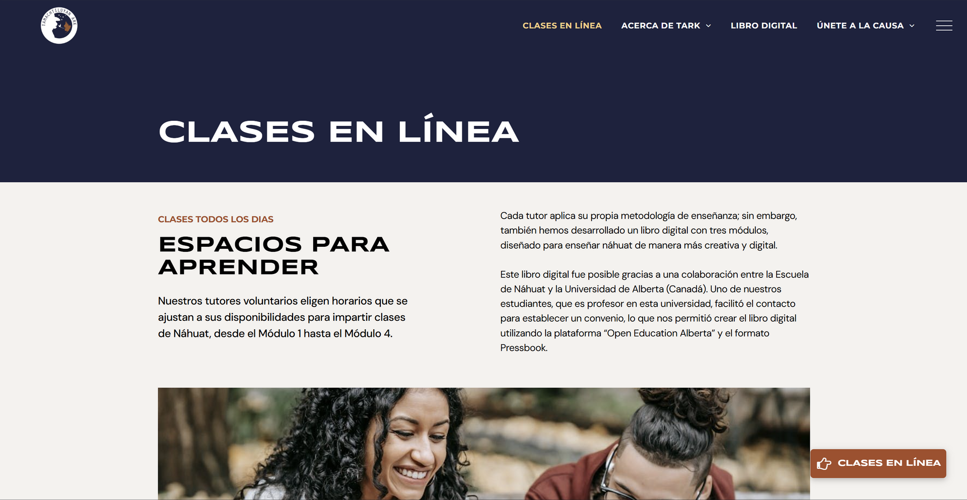 Website section promoting online classes. Text overlay with photo of people.