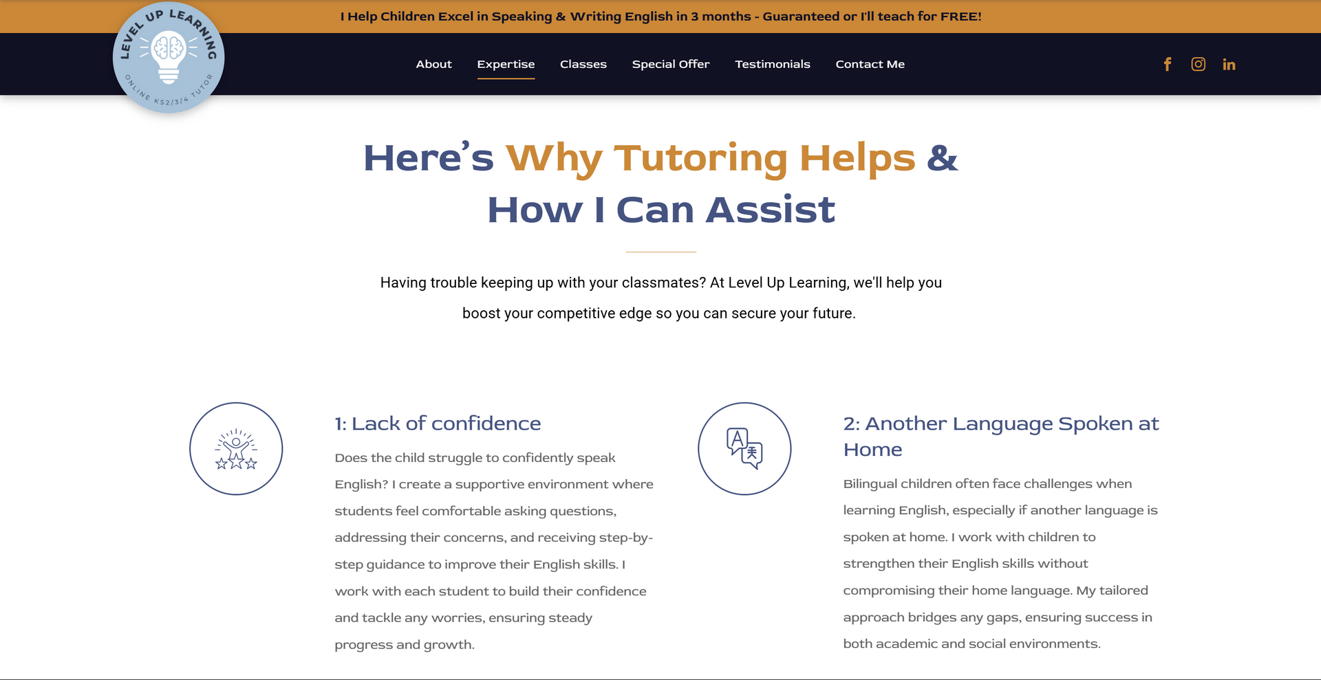 Website section explaining the benefits of tutoring, featuring icons and text.